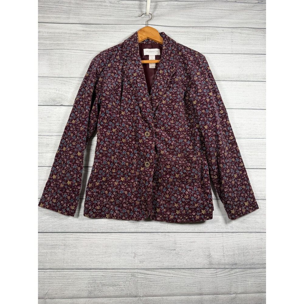 Liz Claiborne Lizwear Jeans Women's M Burgundy Floral Corduroy Blazer 4212